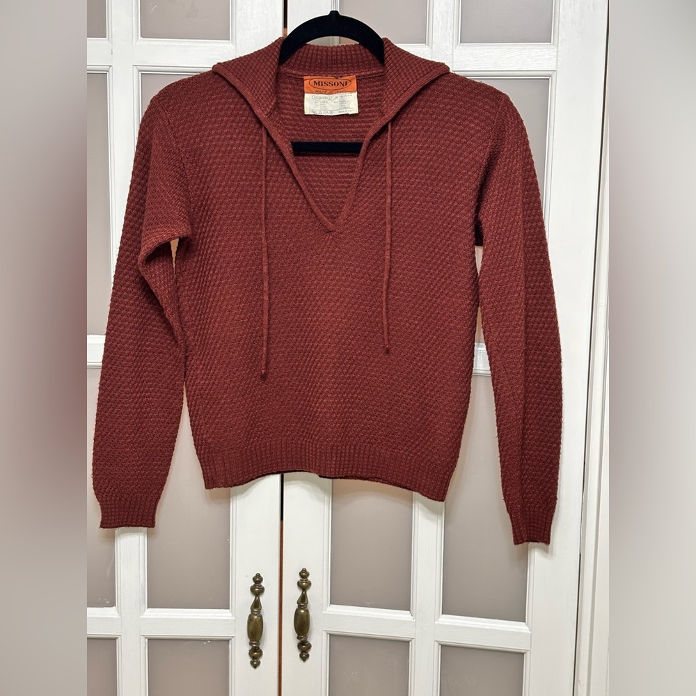 Vintage Missoni Hooded Knit Sweater Rust Red Wool Cotton Italy